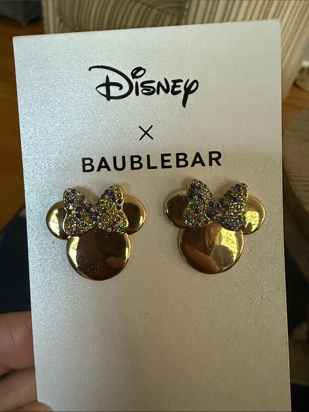 Disney BaubleBar Gold Minnie Earrings with Multicolor Bow